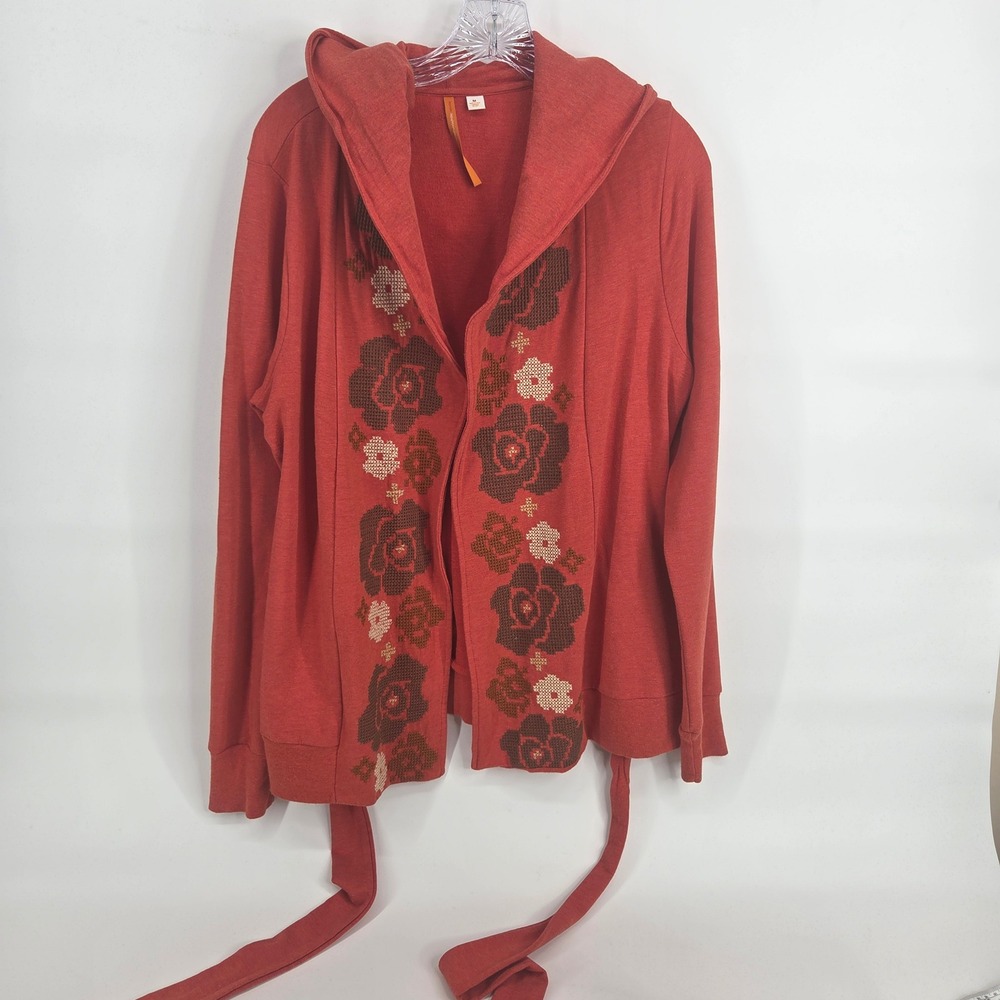 Saturday Sunday Anthropologie Wrap Hoodie M Orange Boho Floral Cross-Stitch Belt